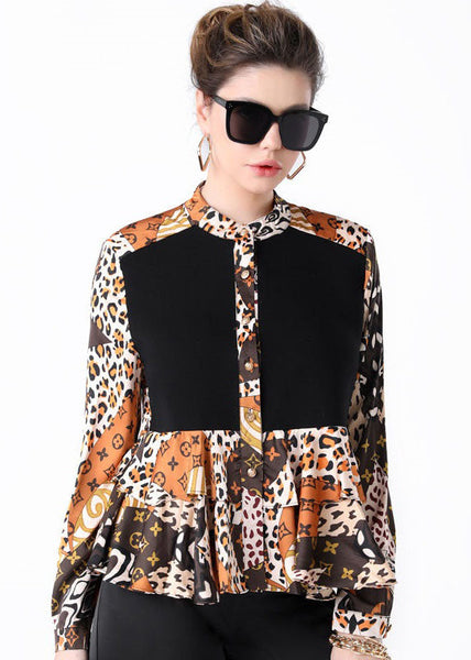 Women Colorblock Stand Collar Ruffled Print Patchwork Silk Shirts Spring TI1033