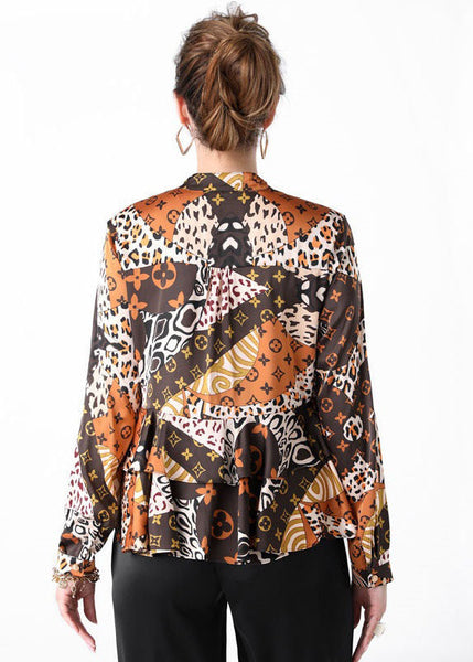 Women Colorblock Stand Collar Ruffled Print Patchwork Silk Shirts Spring TI1033