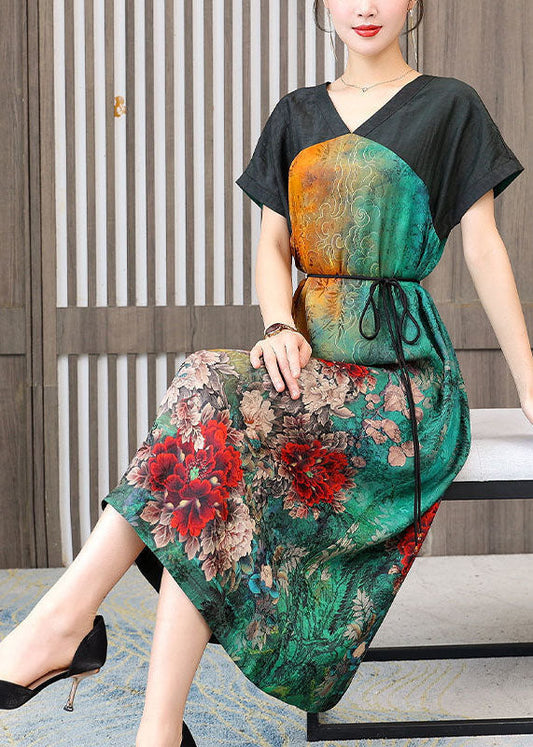 Women Colorblock V Neck Patchwork Floral Silk Dress Summer LY1683