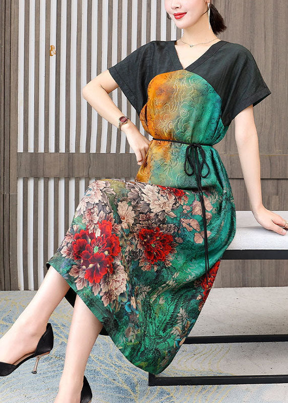 Women Colorblock V Neck Patchwork Floral Silk Dress Summer LY1683