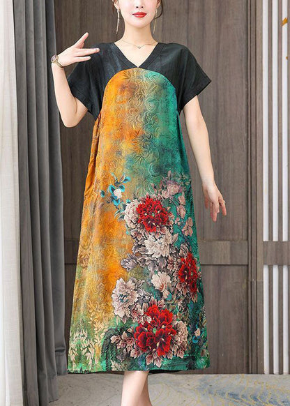 Women Colorblock V Neck Patchwork Floral Silk Dress Summer LY1683
