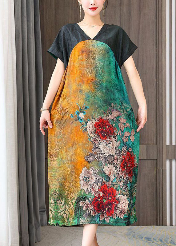 Women Colorblock V Neck Patchwork Floral Silk Dress Summer LY1683