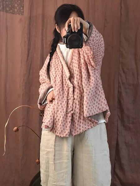 Women Cute Ethnic Flower Pink Padded Coat Ada Fashion