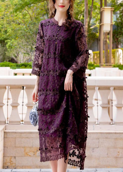 Women Dark Purple Embroideried Hollow Out Organza Long Dress Spring LY0998