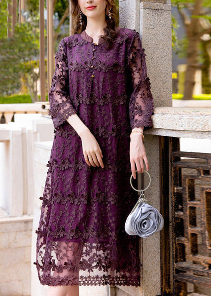 Women Dark Purple Embroideried Hollow Out Organza Long Dress Spring LY0998