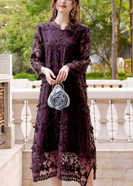 Women Dark Purple Embroideried Hollow Out Organza Long Dress Spring LY0998