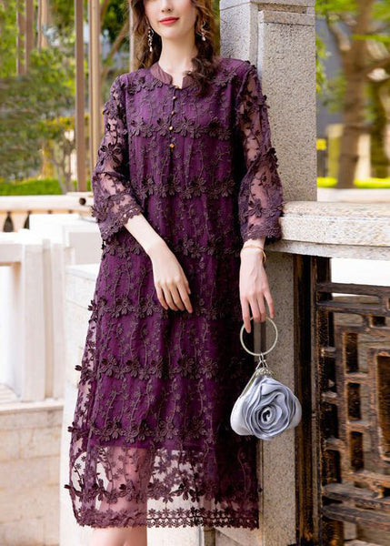 Women Dark Purple Embroideried Hollow Out Organza Long Dress Spring LY0998