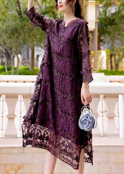 Women Dark Purple Embroideried Hollow Out Organza Long Dress Spring LY0998