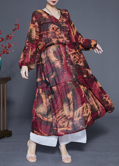 Women Dark Red V Neck Patchwork Exra Large Hem Chiffon Cinched Dresses Spring LC0424