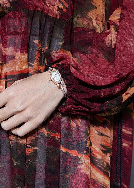 Women Dark Red V Neck Patchwork Exra Large Hem Chiffon Cinched Dresses Spring LC0424