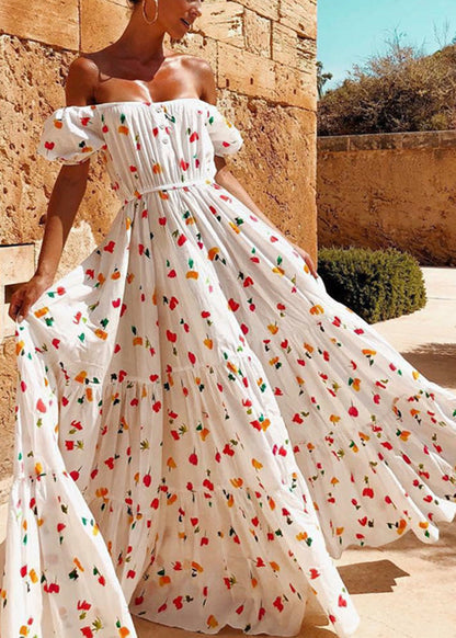 Women Elastic Square Collar Floral Print Holiday Casual Floor Maxi Dress With Belt White LC0027