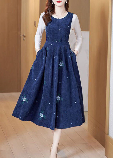 Women Embroideried Slim Fit Corduroy A Line Dress Two Pieces Set Spring AC2032