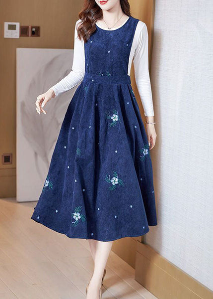 Women Embroideried Slim Fit Corduroy A Line Dress Two Pieces Set Spring AC2032