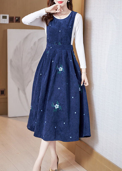 Women Embroideried Slim Fit Corduroy A Line Dress Two Pieces Set Spring AC2032