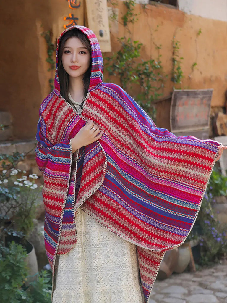 Women Ethnic Colorful Stripe Hooded Shawl Ada Fashion