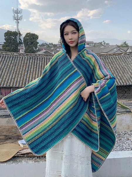 Women Ethnic Colorful Stripe Hooded Shawl Ada Fashion