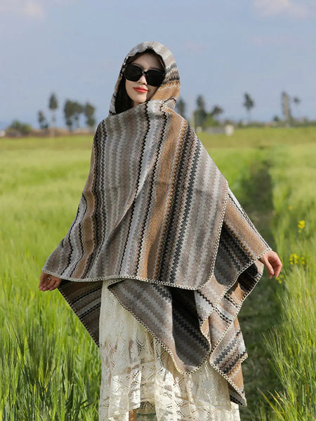 Women Ethnic Colorful Stripe Hooded Shawl Ada Fashion