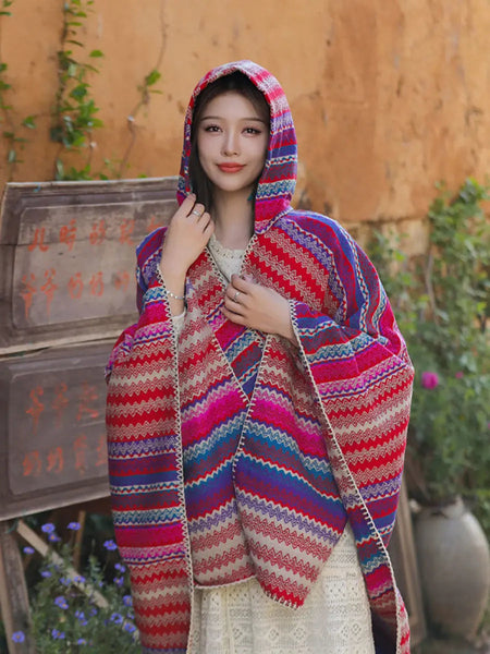 Women Ethnic Colorful Stripe Hooded Shawl Ada Fashion