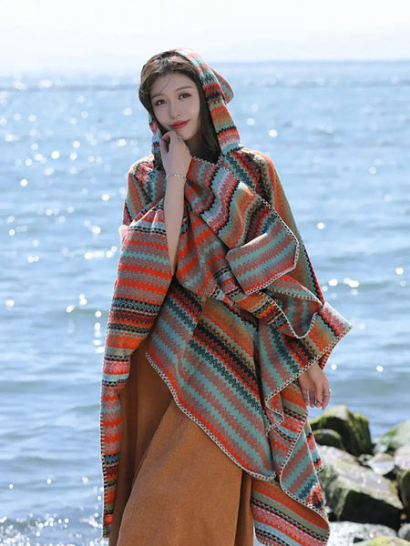 Women Ethnic Colorful Stripe Hooded Shawl Ada Fashion