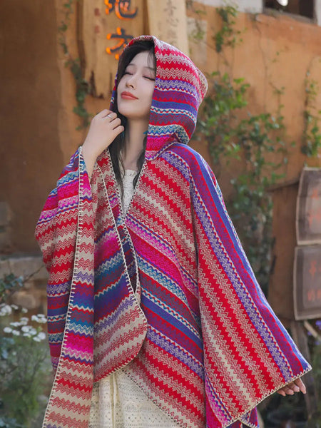 Women Ethnic Colorful Stripe Hooded Shawl Ada Fashion