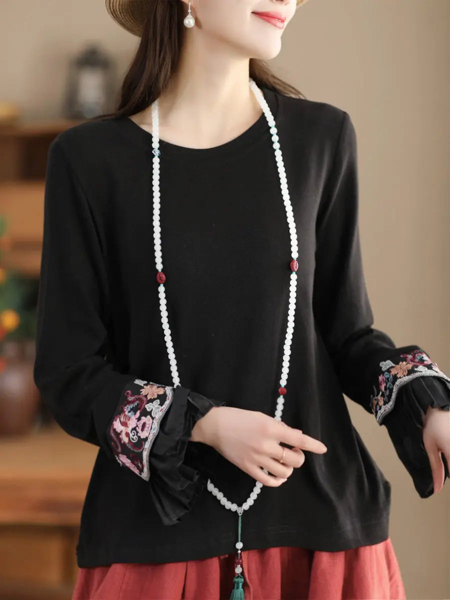 Women Ethnic Flare Sleeve Embroidery Spring Shirt Ada Fashion