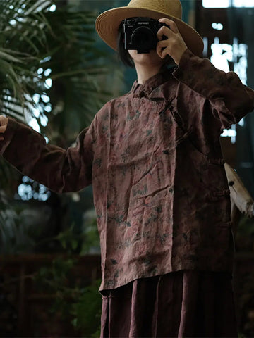 Women Ethnic Floral Print Slant-Closure Linen Shirt Ada Fashion