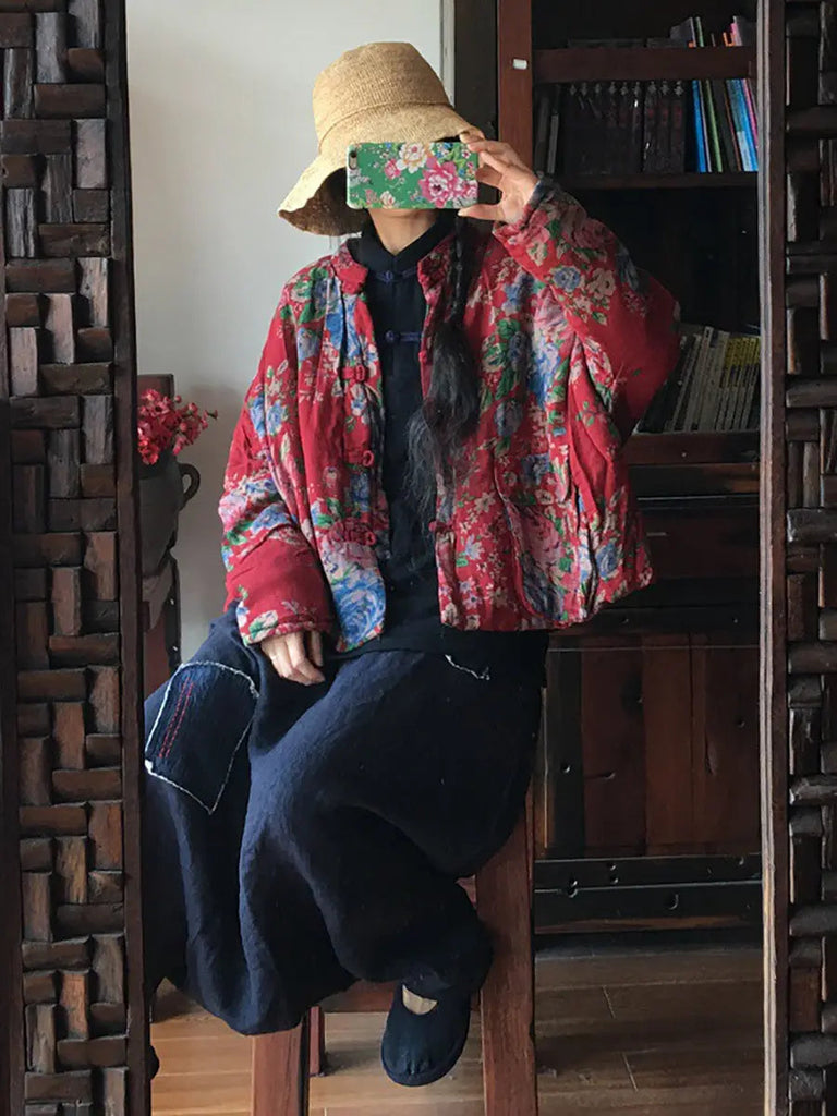 Women Ethnic Flower Button Cotton Jacket Ada Fashion