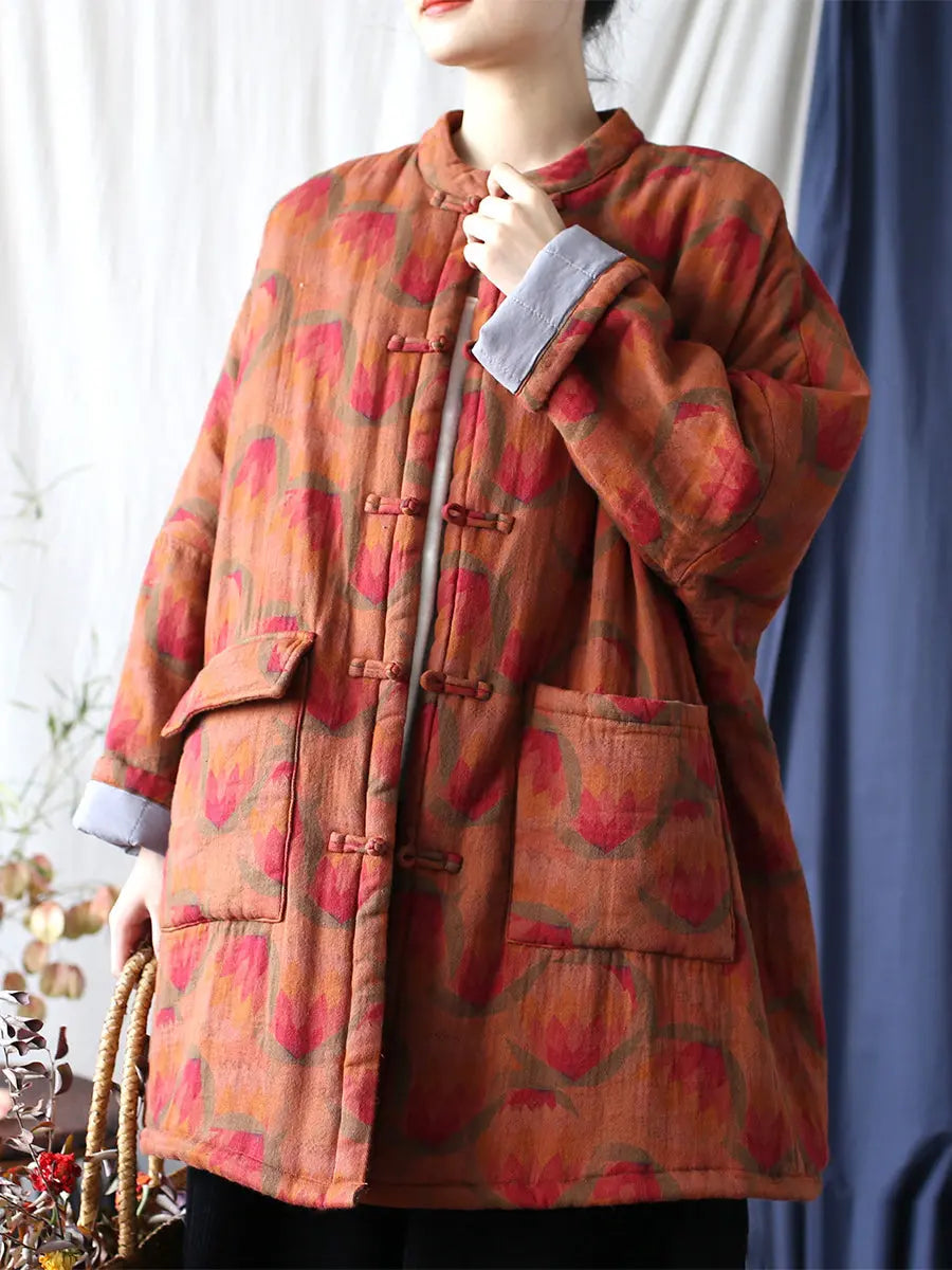 Women Ethnic Flower Print Winter Padded Cotton Coat Ada Fashion