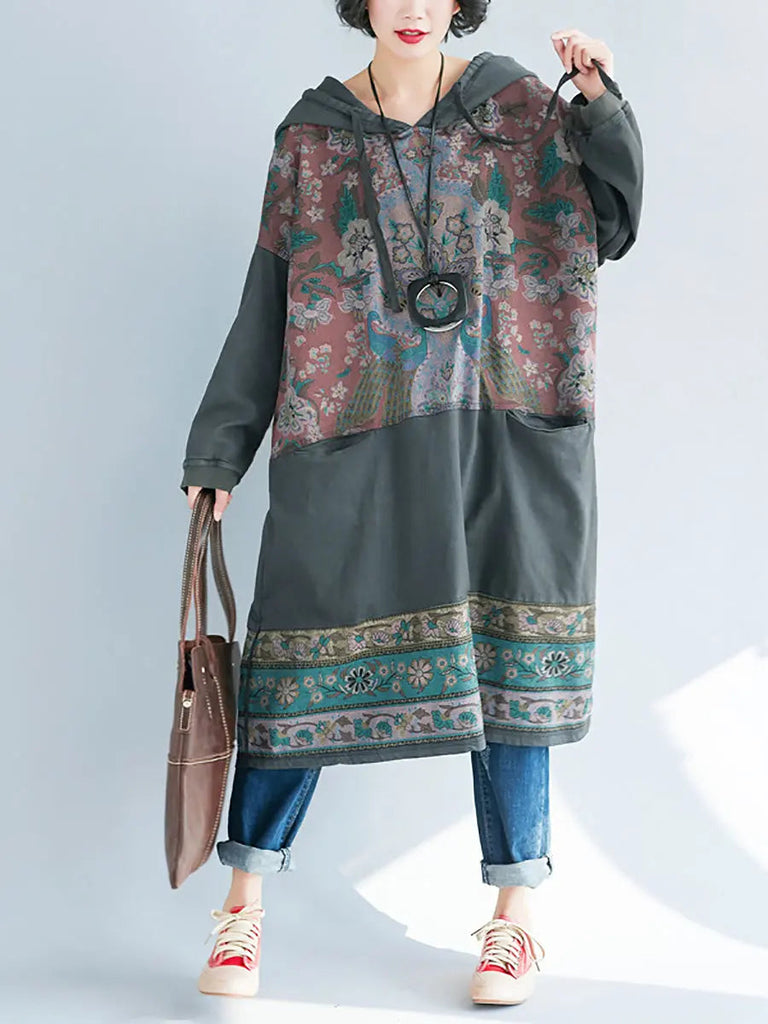 Women Ethnic Flower Spliced Long Pocket Hooded Dress Ada Fashion