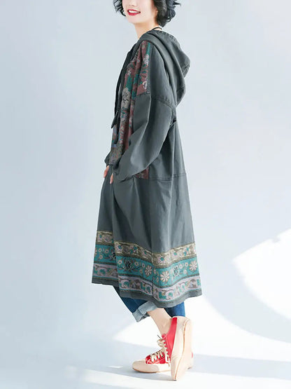 Women Ethnic Flower Spliced Long Pocket Hooded Dress Ada Fashion