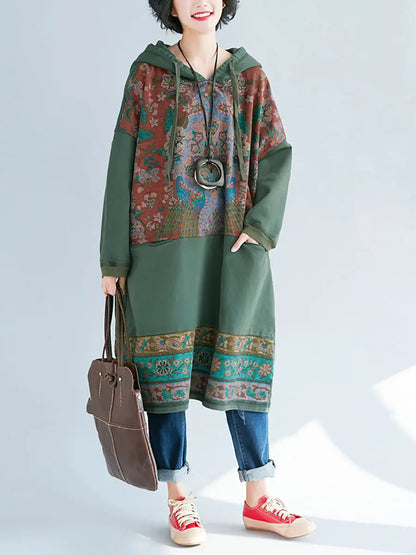 Women Ethnic Flower Spliced Long Pocket Hooded Dress Ada Fashion