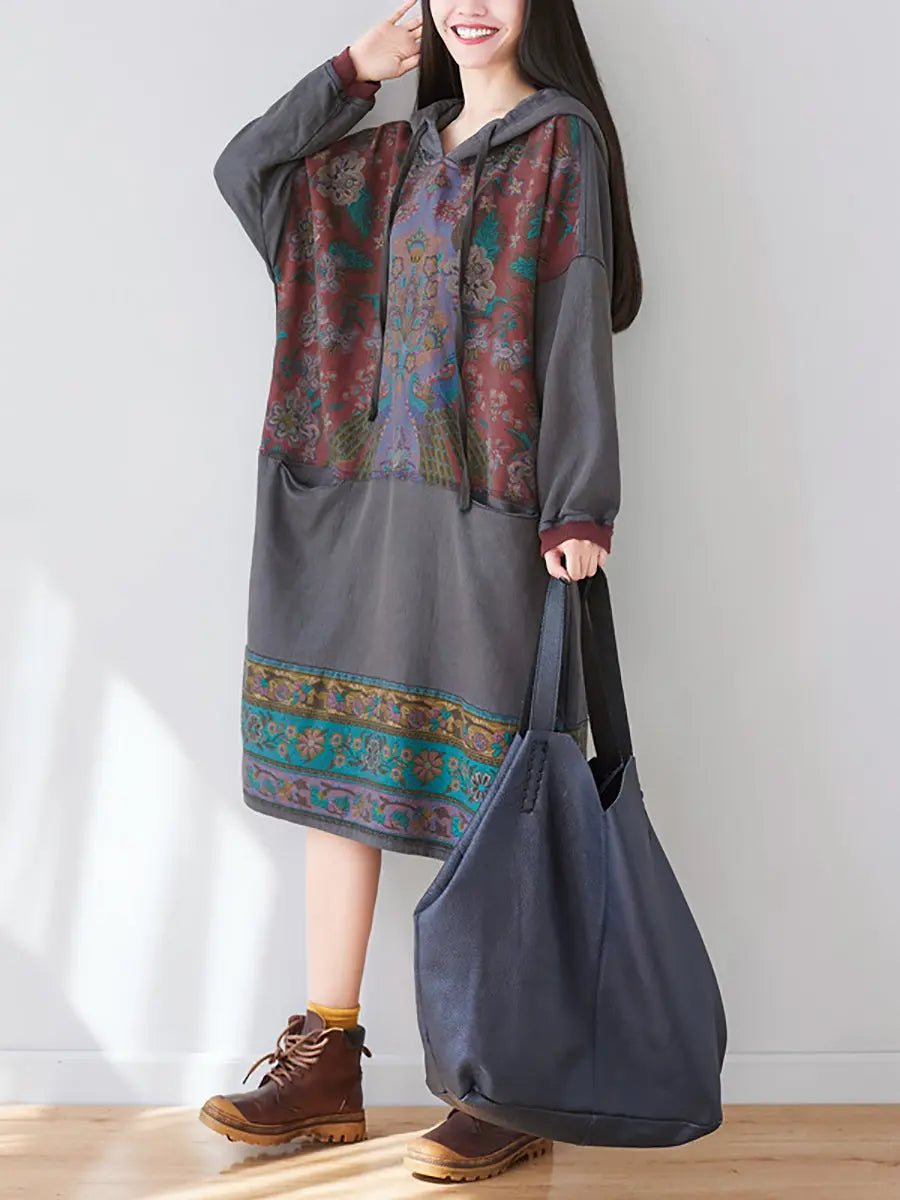 Women Ethnic Flower Spliced Long Pocket Hooded Dress Ada Fashion