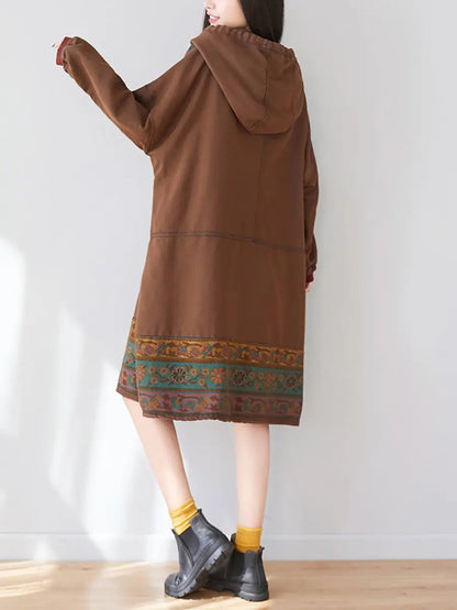 Women Ethnic Flower Spliced Long Pocket Hooded Dress Ada Fashion