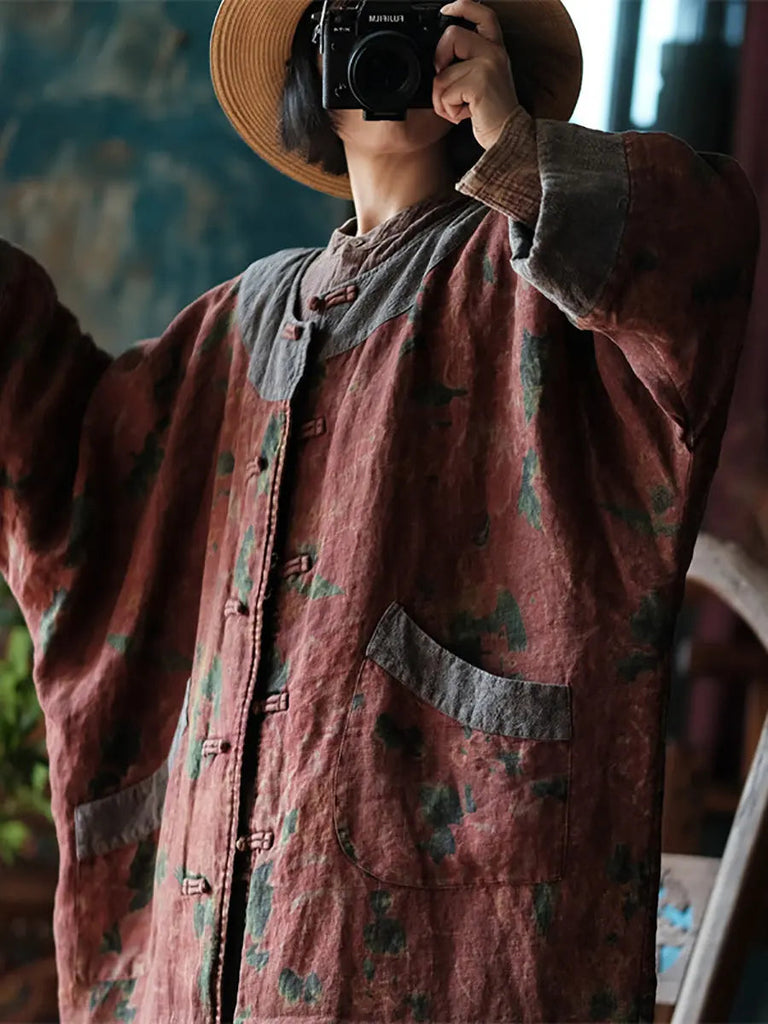 Women Ethnic Flower Spliced Loosse Linen Coat Ada Fashion