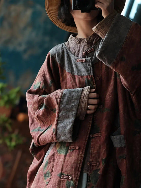 Women Ethnic Flower Spliced Loosse Linen Coat Ada Fashion