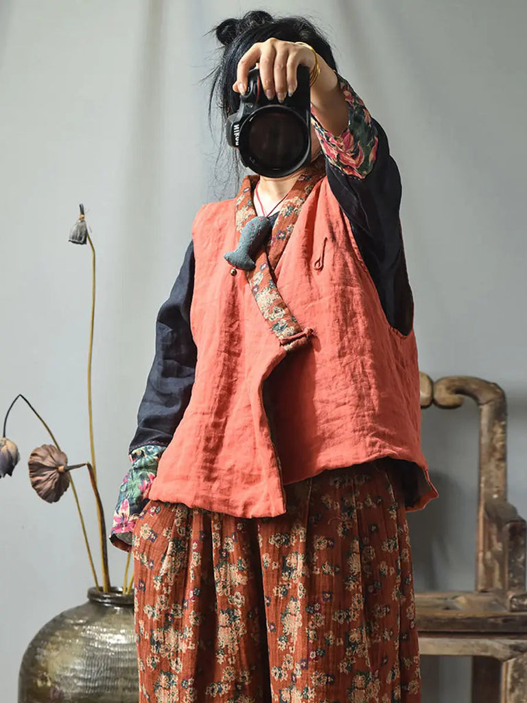 Women Ethnic Flower Spliced V-Neck Vest Coat Ada Fashion
