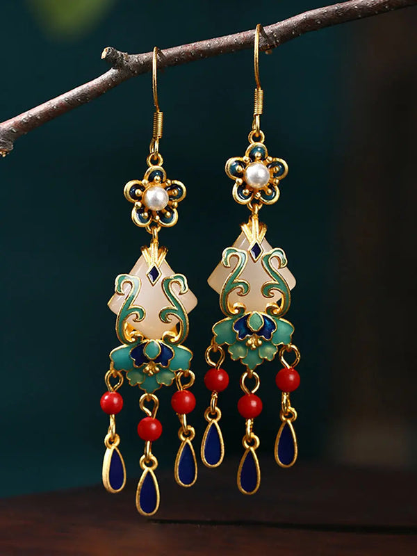 Women Ethnic Jade Enamel Alloy Tassel Earrings Ada Fashion