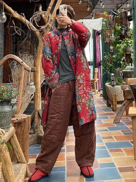 Women Ethnic Red Flower Print Cotton Padded Coat Ada Fashion