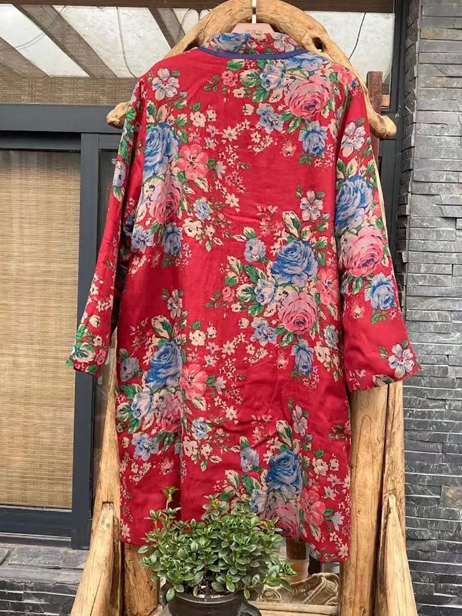 Women Ethnic Red Flower Print Cotton Padded Coat Ada Fashion