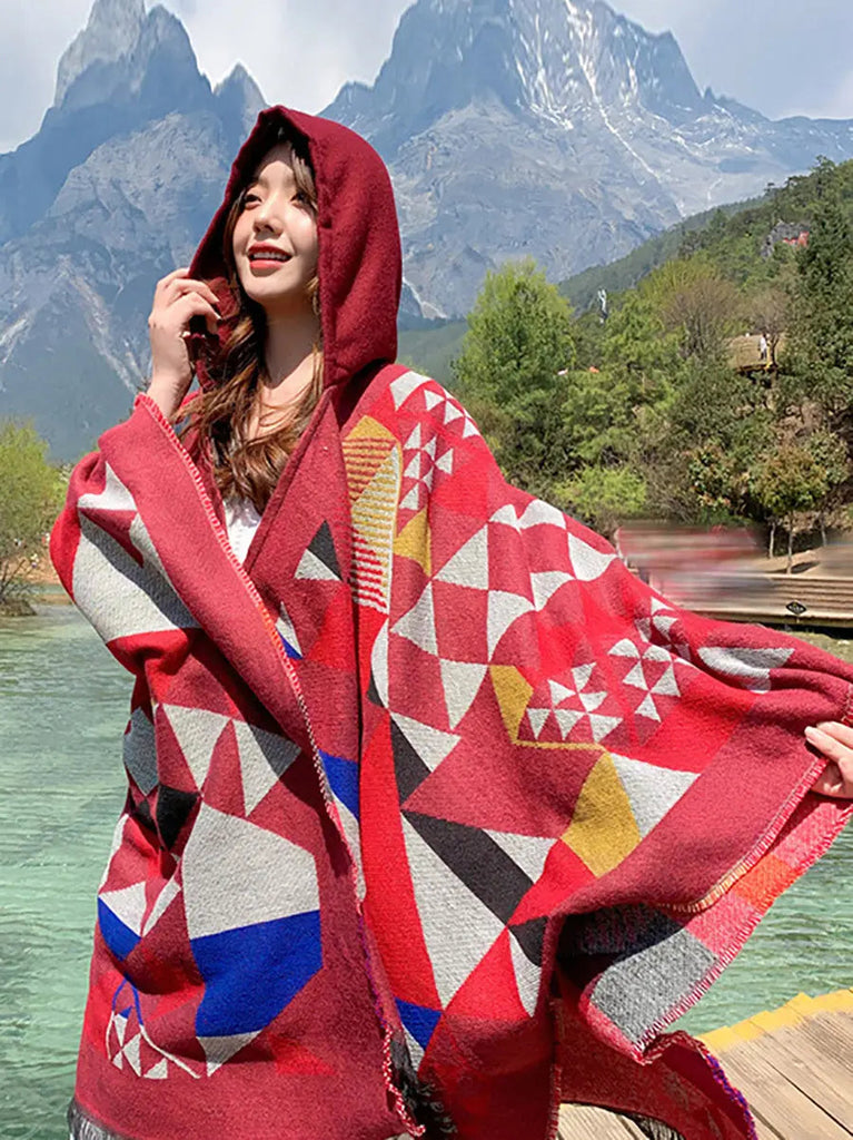 Women Ethnic Triangle Spliced Hooded Shawl Ada Fashion