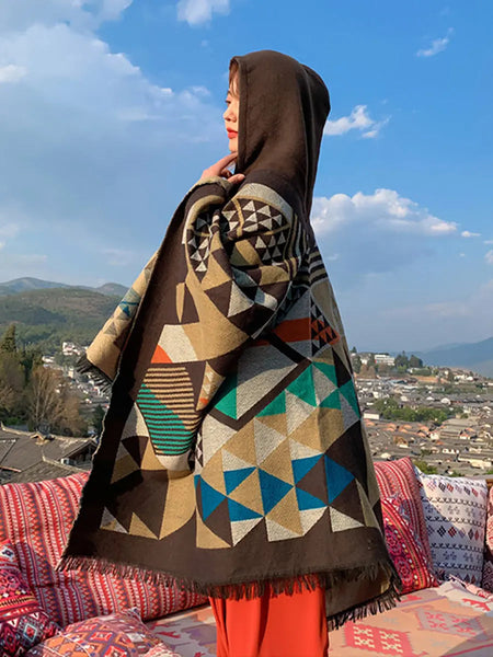 Women Ethnic Triangle Spliced Hooded Shawl Ada Fashion
