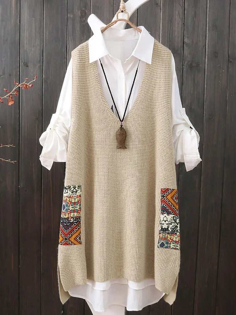 Women Ethnic V-Neck Loose Knitted Vest Ada Fashion