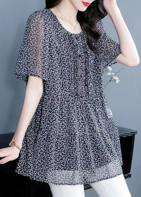 Women Floral O Neck Wrinkled Patchwork Chiffon T Shirt Top Summer TP1021