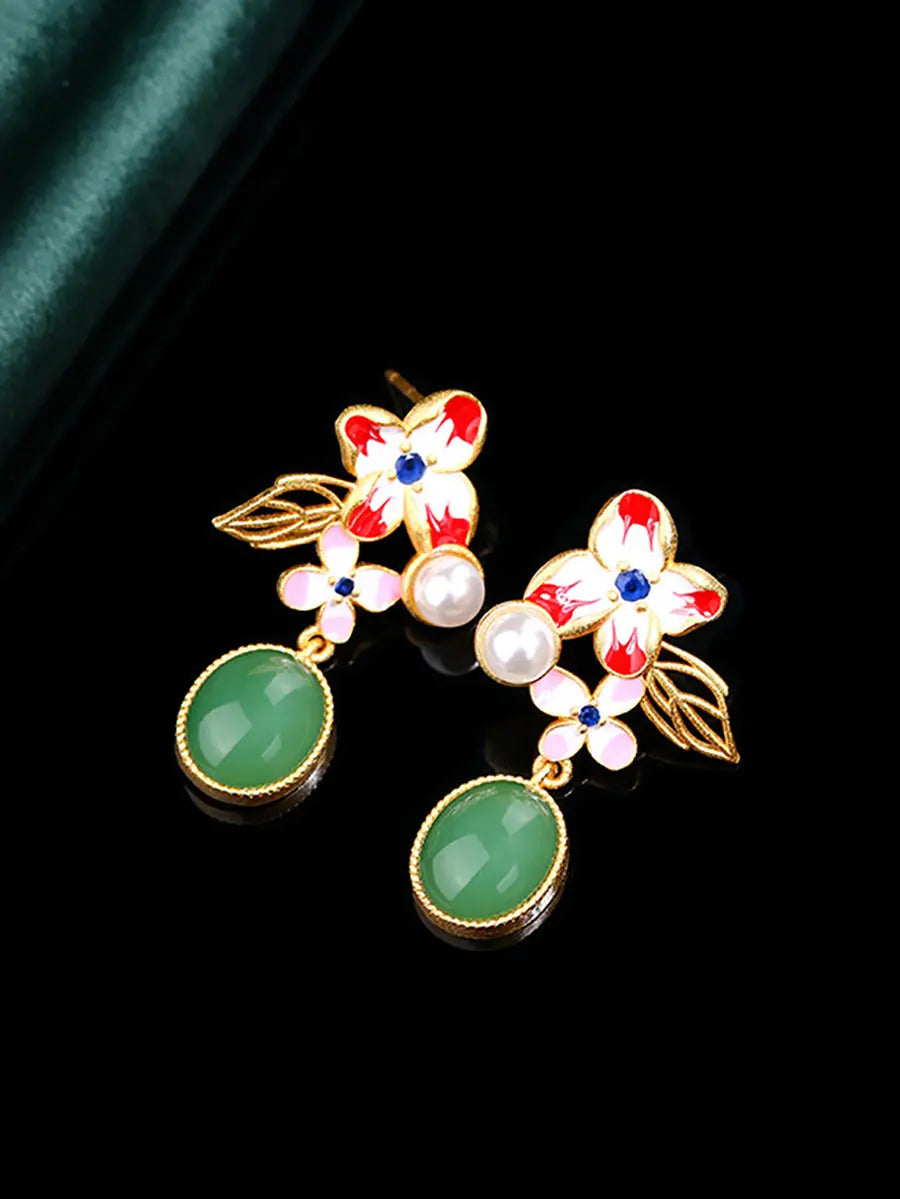 Women Flower Enamel Green Jade Glod Plate Earrings Ada Fashion