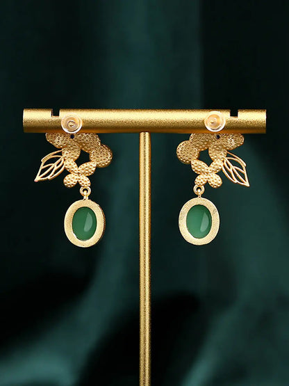 Women Flower Enamel Green Jade Glod Plate Earrings Ada Fashion