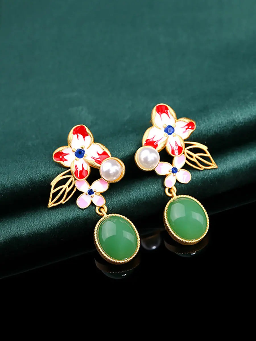 Women Flower Enamel Green Jade Glod Plate Earrings Ada Fashion