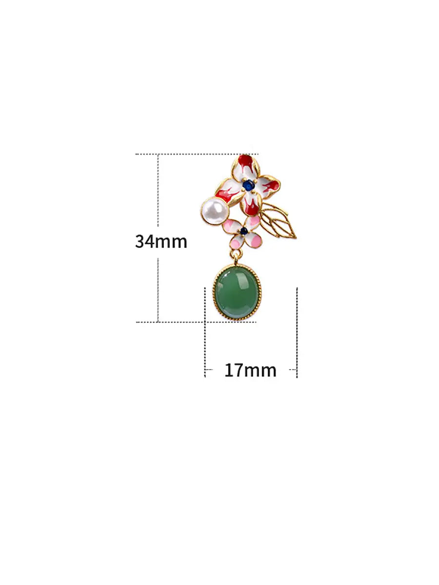 Women Flower Enamel Green Jade Glod Plate Earrings Ada Fashion