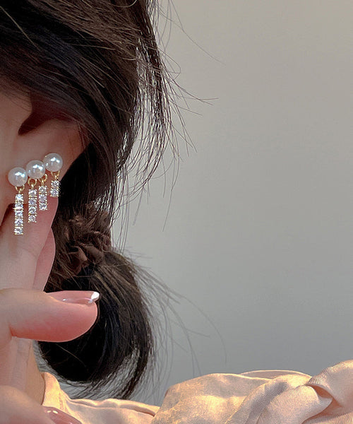 Women Gold Copper Overgild Zircon Pearl Drop Earrings LY1807