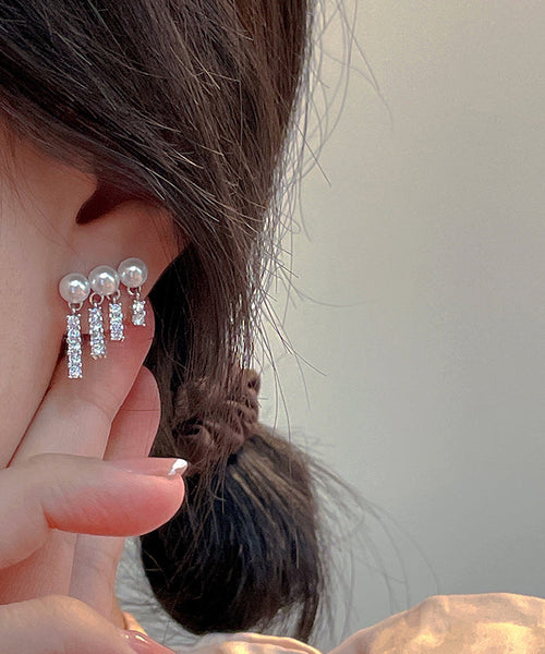 Women Gold Copper Overgild Zircon Pearl Drop Earrings LY1807