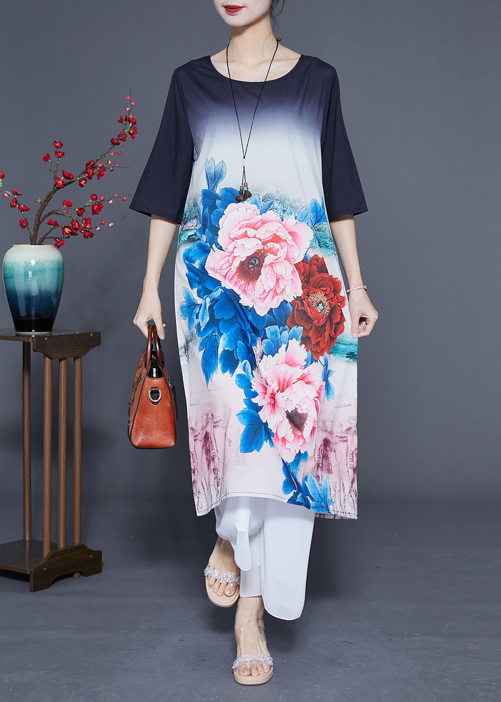 Women Gradient Color O-Neck Floral Print Silk Vacation Dresses Half Sleeve LC0370